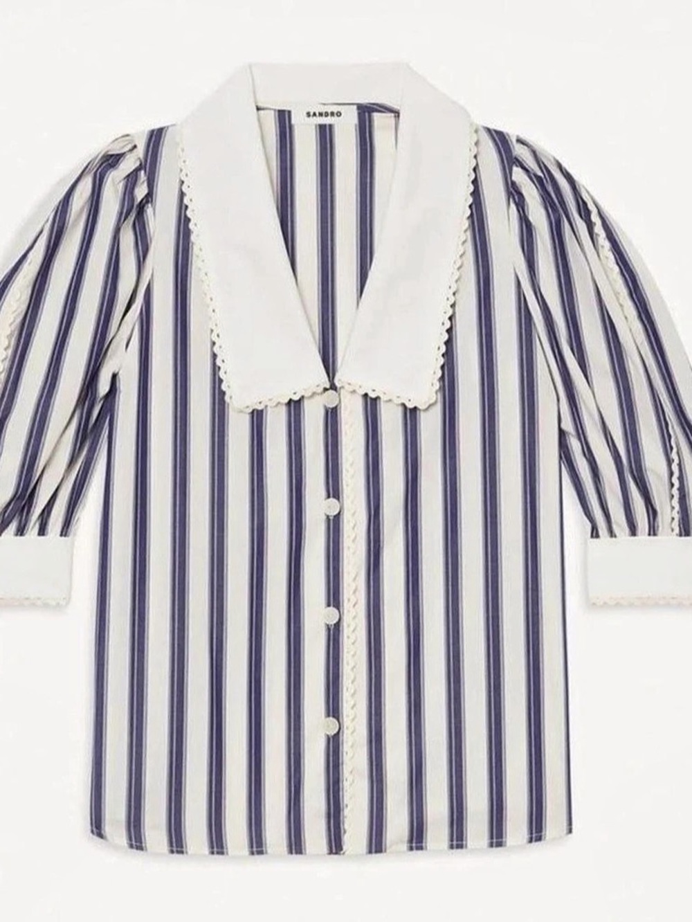 Sandro Striped Shirt With Oversized Collar Striped Puff Sleeve Blouse 0